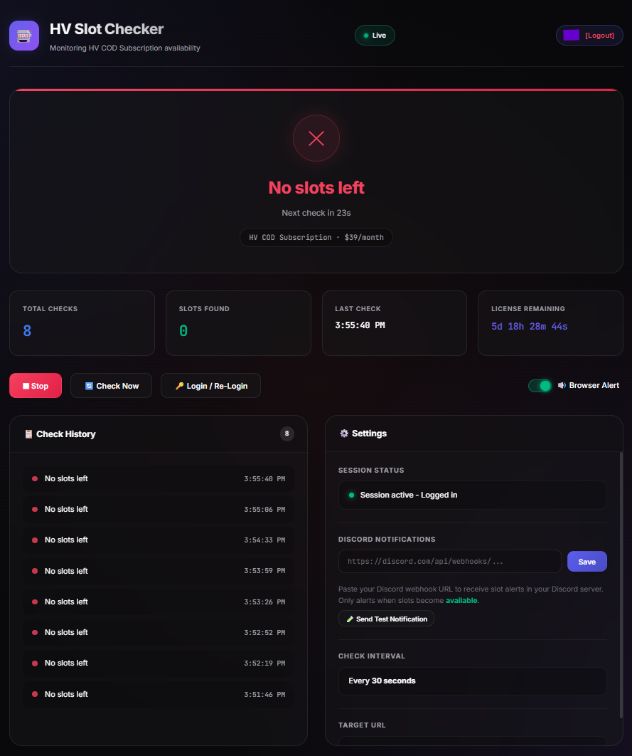 Lotto Luck Dashboard — real-time slot monitoring interface